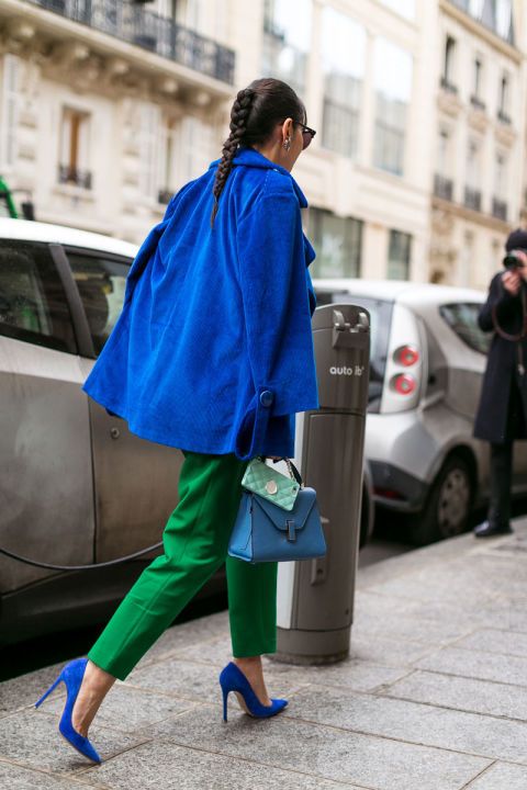 kék zöld color block outfit