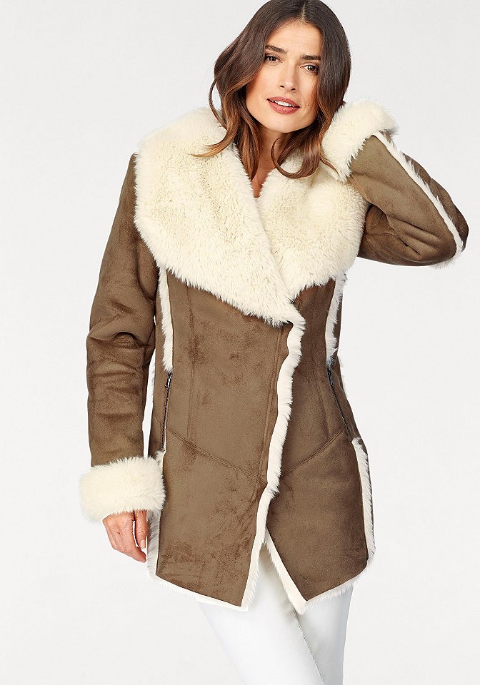 Laura Scott műszőrme dzseki nagy gallérral Laura Scott konyak-gyapjúfehér - normál méret 36