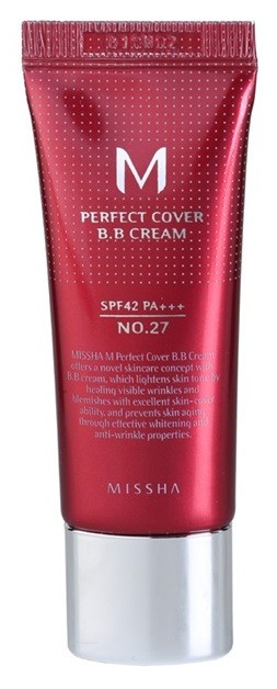 Missha M Perfect Cover BB krém nagyon magas UV védelemmel kis csomagolás árnyalat No. 27 Honey Beige SPF 42/PA+++ 20 ml