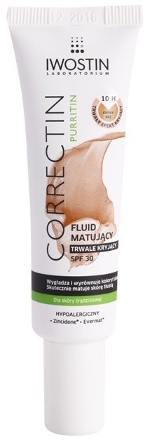 Iwostin Purritin Correctin hosszan tartó fedő és mattító fluid pattanásos bőrre SPF 30 árnyalat Warm Beige 30 ml