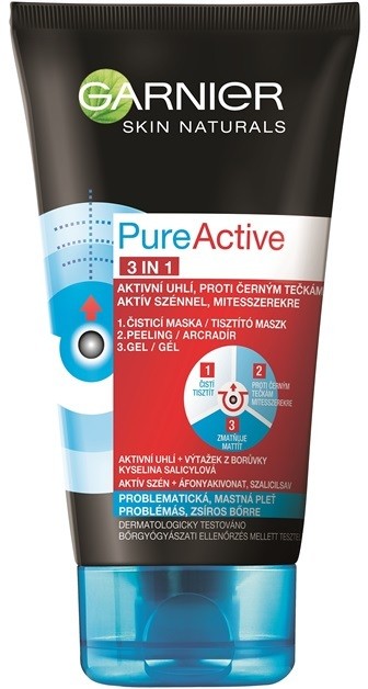 Garnier Pure Active tisztító ápolás aktív szénnel a fekete pontok ellen 3 az 1-ben zsíros és problémás bőrre  150 ml