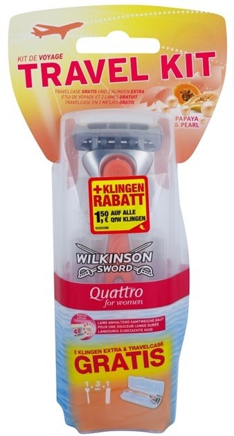 Wilkinson Sword Quattro for Women Papaya & Pearl Borotva + 2 tartalék fej utazási csomag  3 db