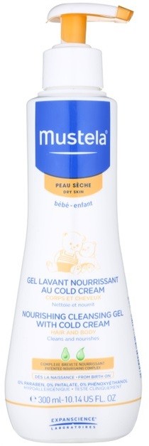 Mustela Bébé Dry Skin tápláló és tisztító gél bőrszerkezetet javító védőkrémmel gyermekeknek születéstől kezdődően  300 ml