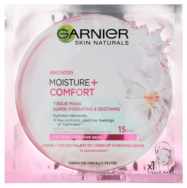 Garnier Skin Naturals Moisture+Comfort szuper hidratáló és nyugtató szövet arcmaszk száraz és érzékeny bőrre  32 g