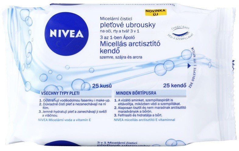 Nivea Micellar tisztító papírtörlők az arcra 3 az 1-ben  25 db