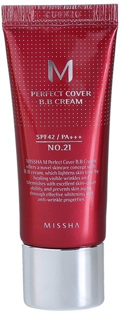 Missha M Perfect Cover BB krém nagyon magas UV védelemmel kis csomagolás árnyalat No. 21 Light Beige SPF 42/PA+++ 20 ml