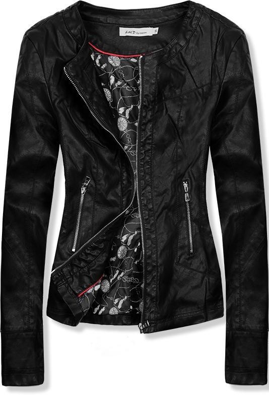 Fekete színű műbőr dzseki, mintás béléssel