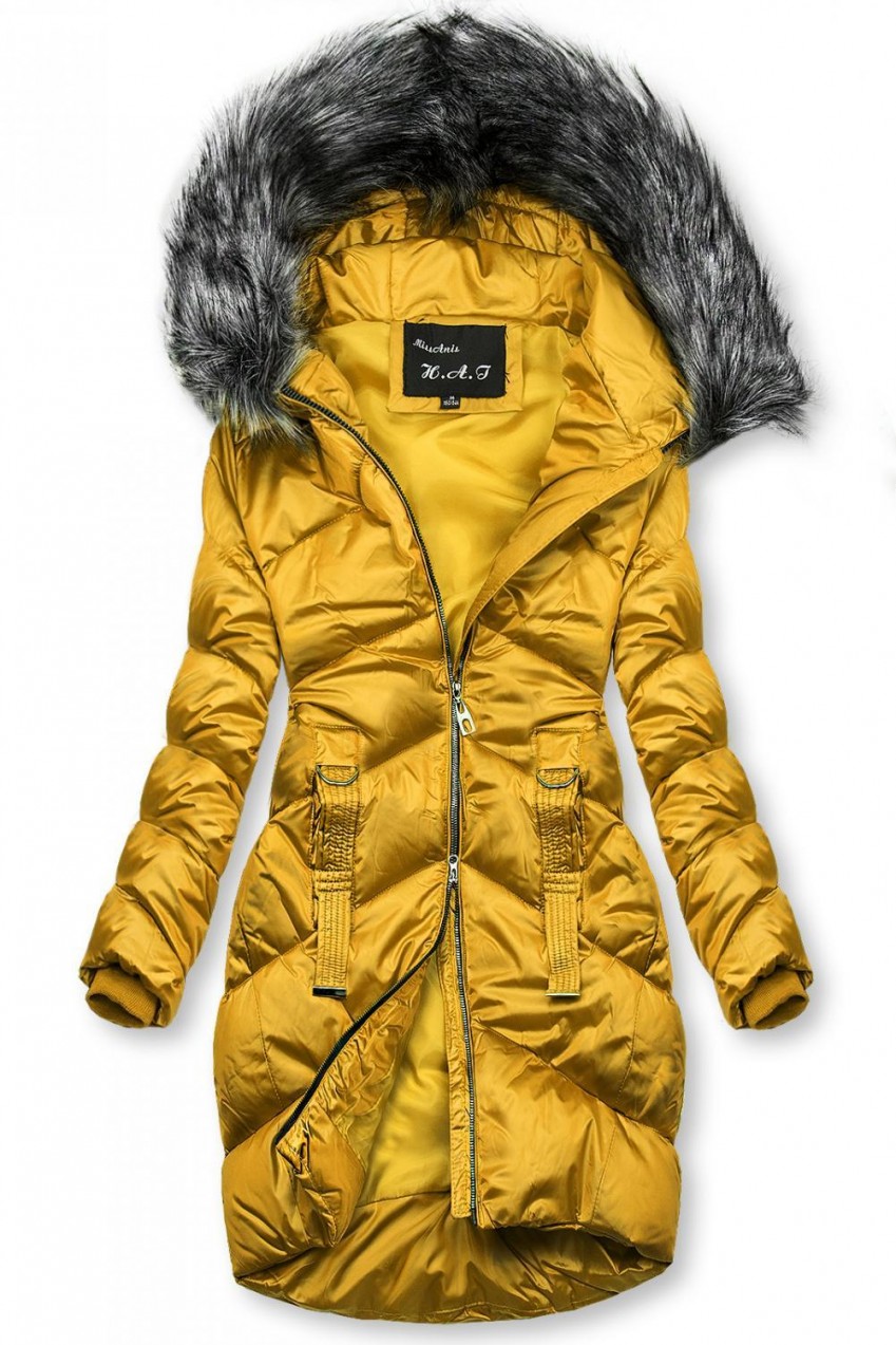 Mustársárga színű fényes kabát a téli időszakra