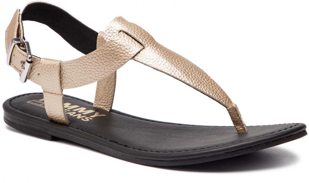 Szandál TOMMY JEANS - Shiny Metallic Flat Sandal EN0EN00566 Light Gold 715