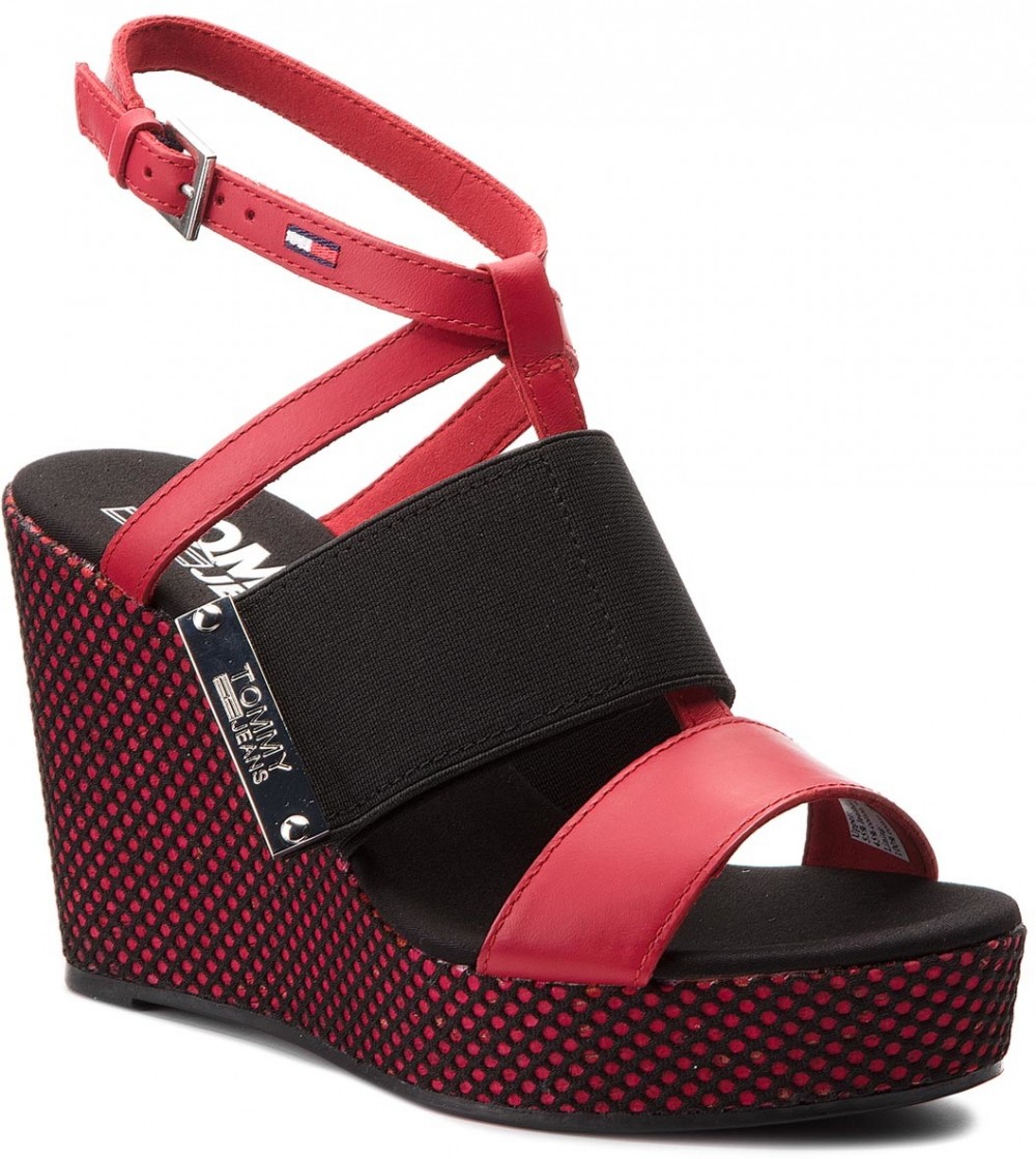 Szandál TOMMY JEANS - Material Mix Wedge Sandal EN0EN00048 Tango Red 611