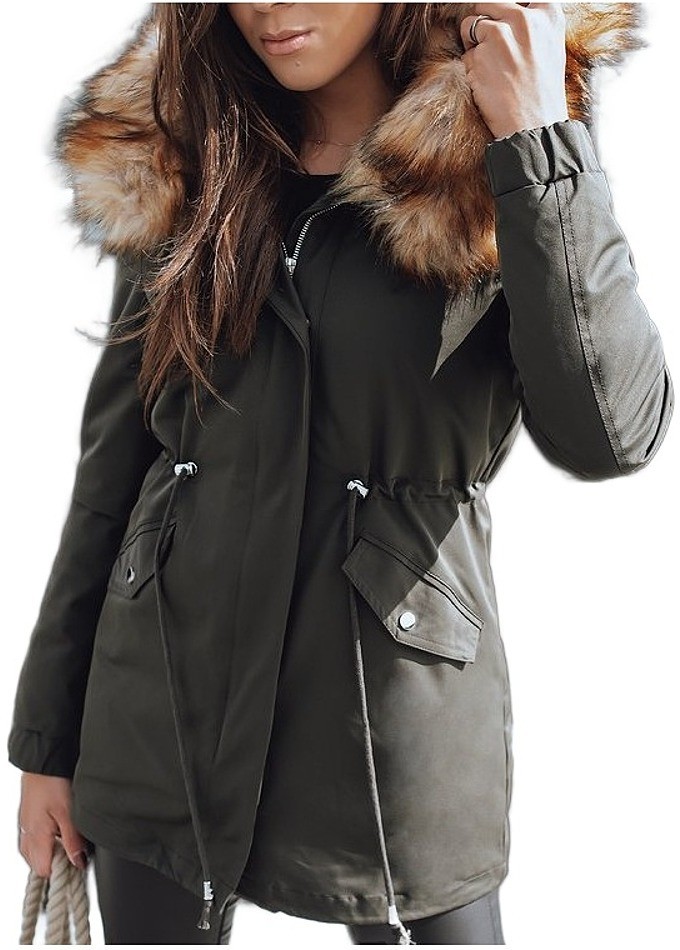 Khaki színű női téli parka szőrmével