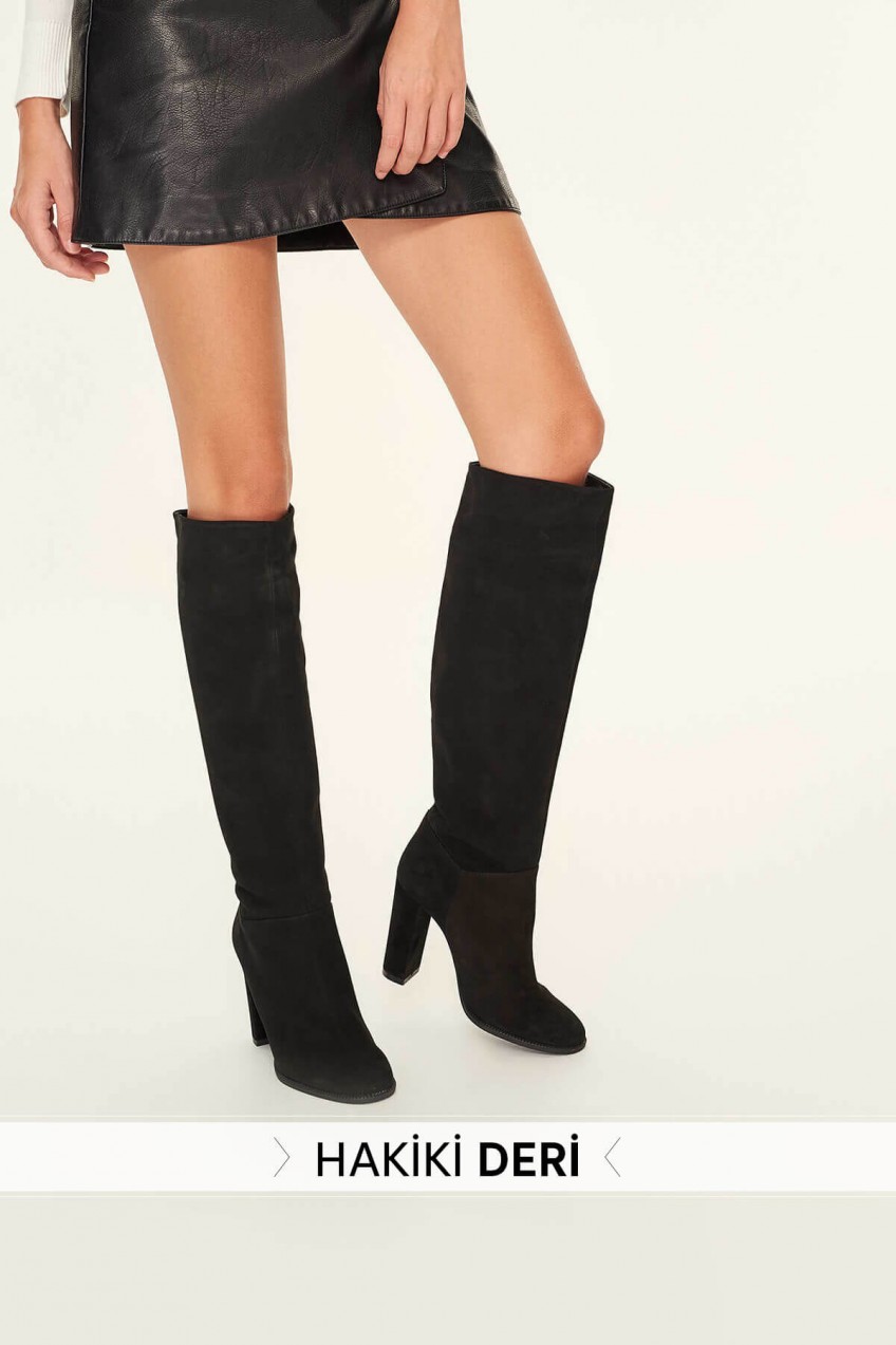 Trendyol Genuine Leather Black Suede Women Boots