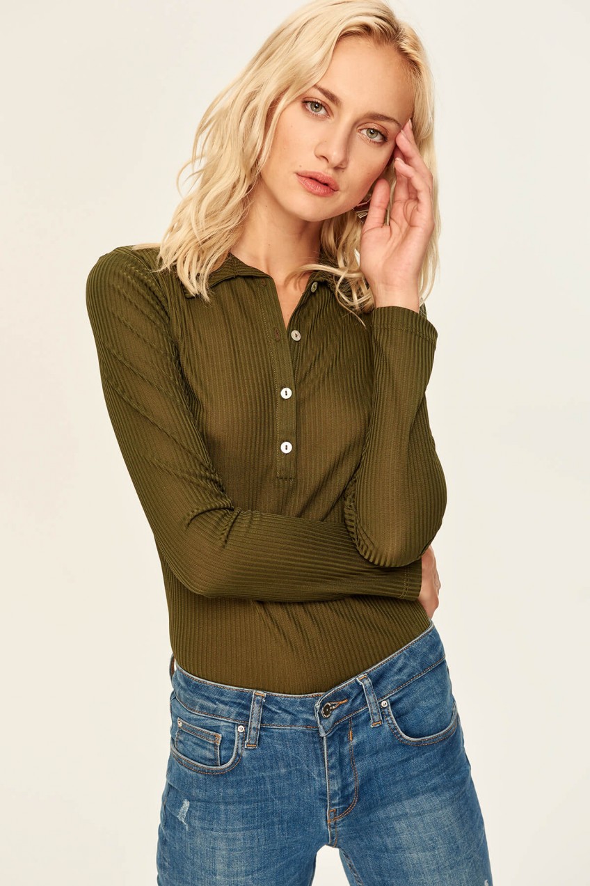 Trendyol Khaki Shirt Collar Knitted Blouse