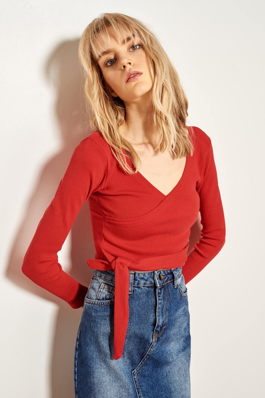 Trendyol Red Double Breasted Knit Blouse