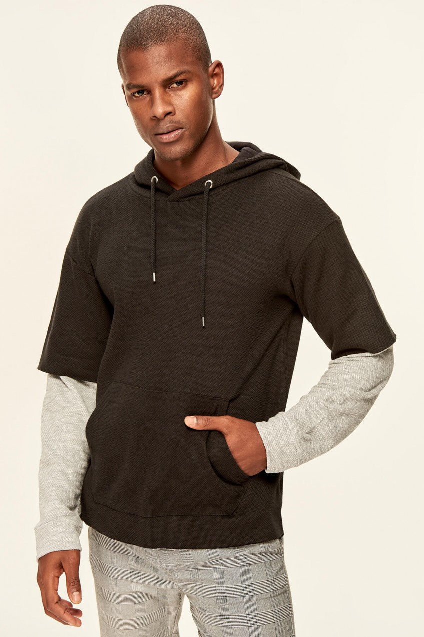 Trendyol Grey Mens Sweatshirt-Hooded Kangaroo Pocket Textured Fabric