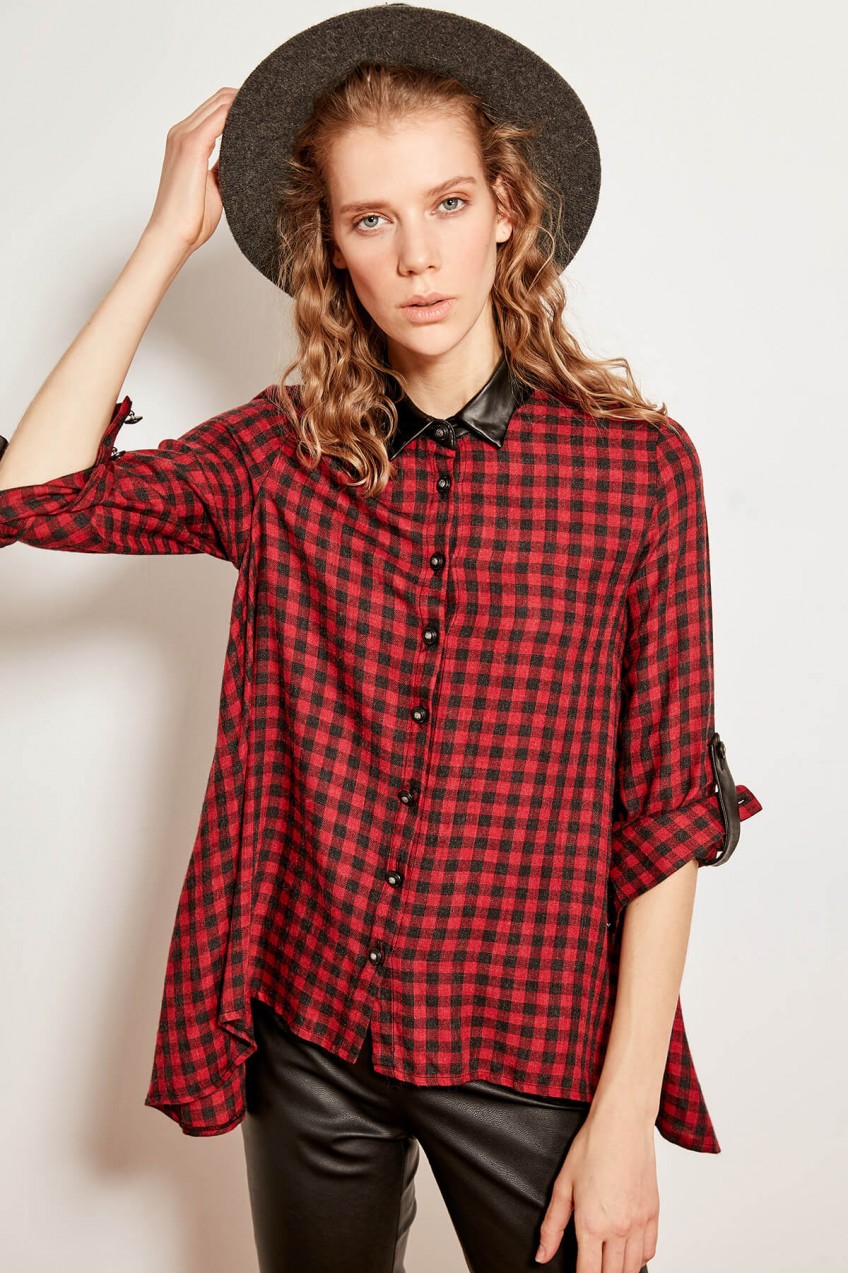 Trendyol Red Collar Detailed Checkered Shirt