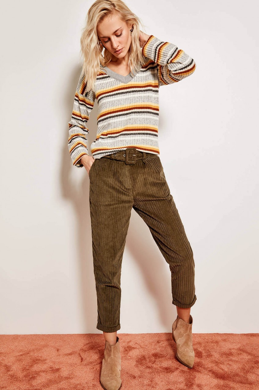 Trendyol Khaki Velvet Belted Pants