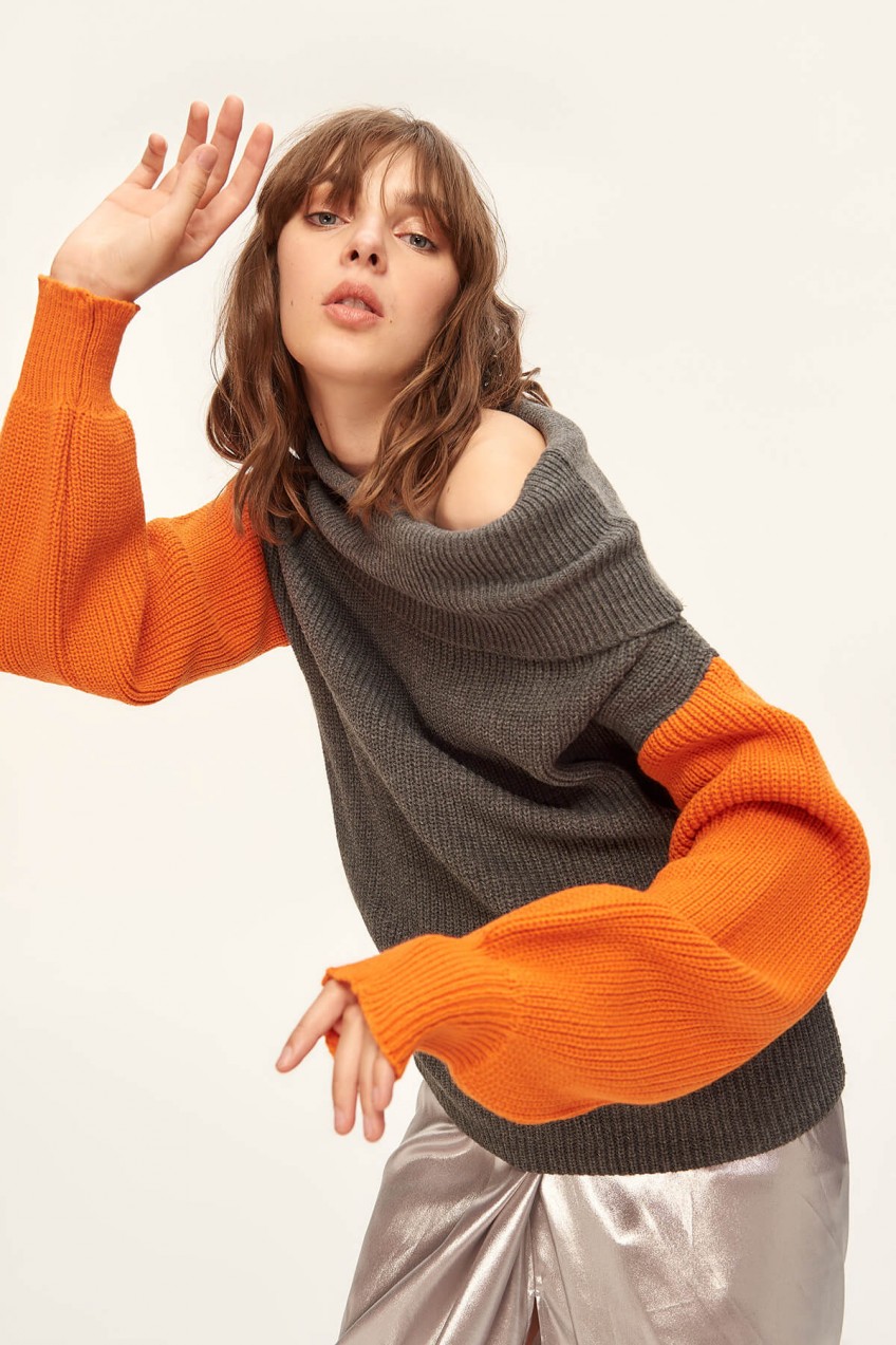 Trendyol Anthracite Carmen Collar Color Block Sweater Sweaters