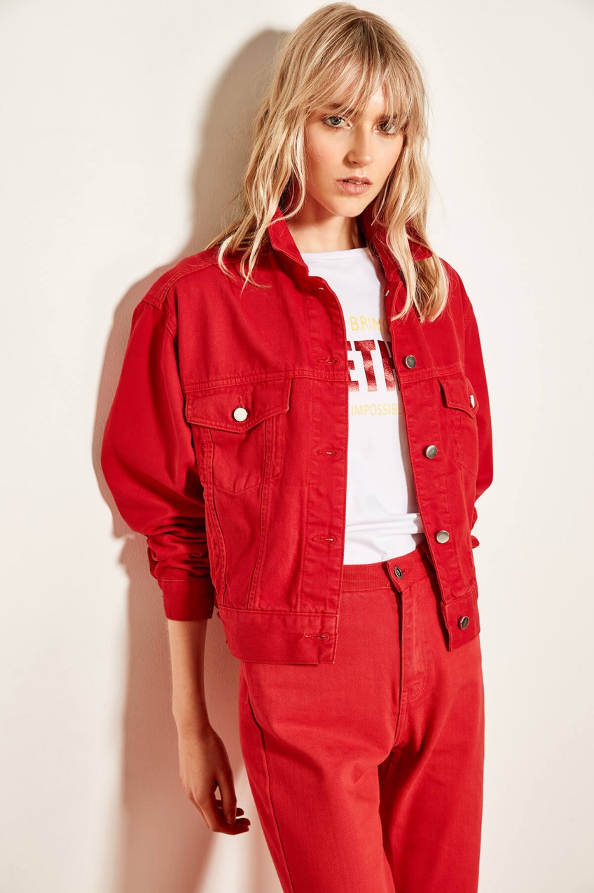 Trendyol Red Oversize Short Denim Jacket