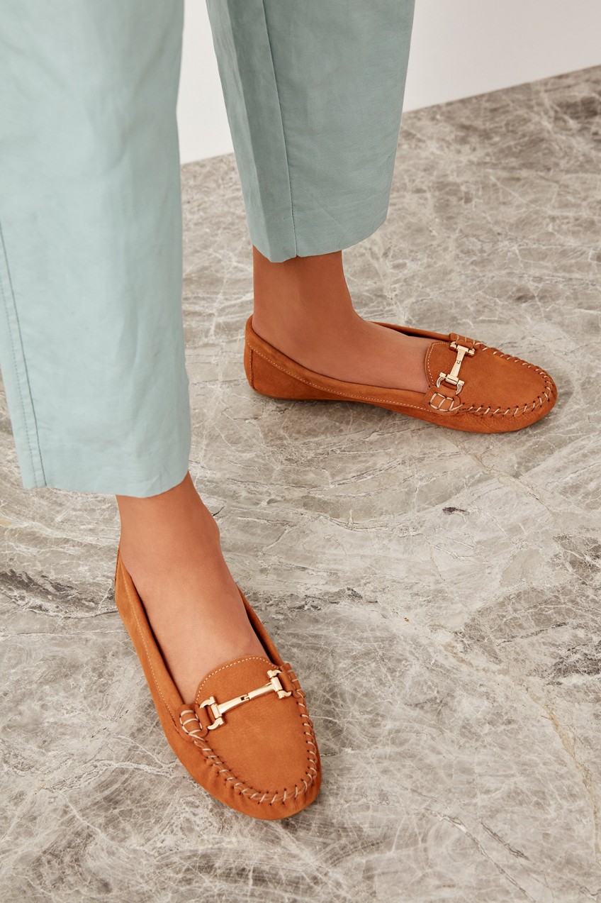 Trendyol TAKSS19TL0004 Women's Genuine Leather Flats Taba Nubuc