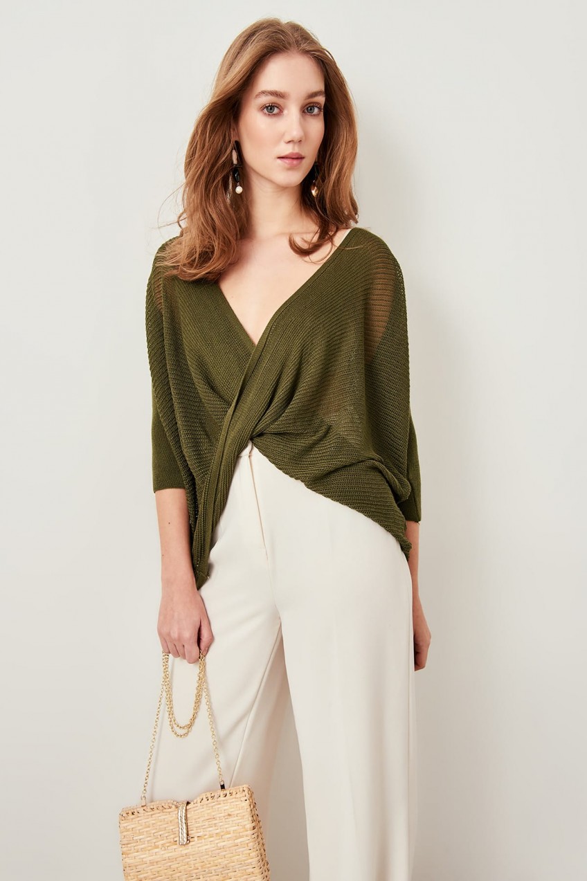Trendyol Khaki Knitted Detailed Double-breasted Summer Sweater Sweaters