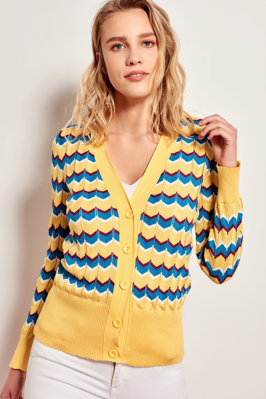 Trendyol Yellow Color-Block Cottage Knitted Cardigan