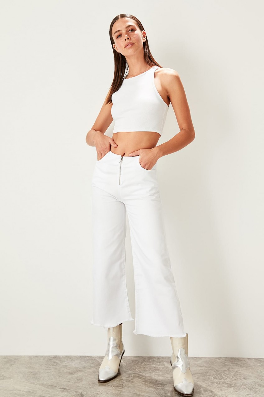 Trendyol White Zipper Detailed Normal Waist Culotte Jeans