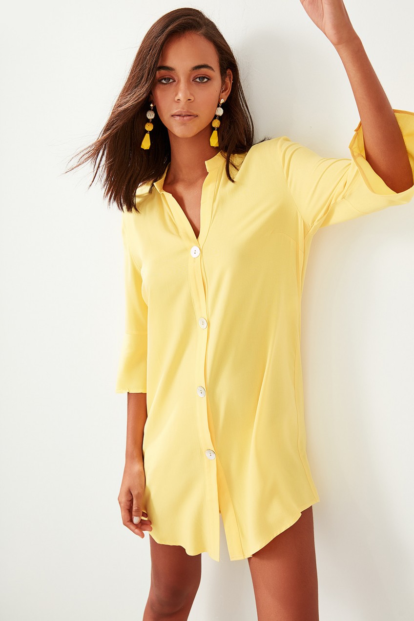 Trendyol Yellow Viscose Buttoned Shirt Dress