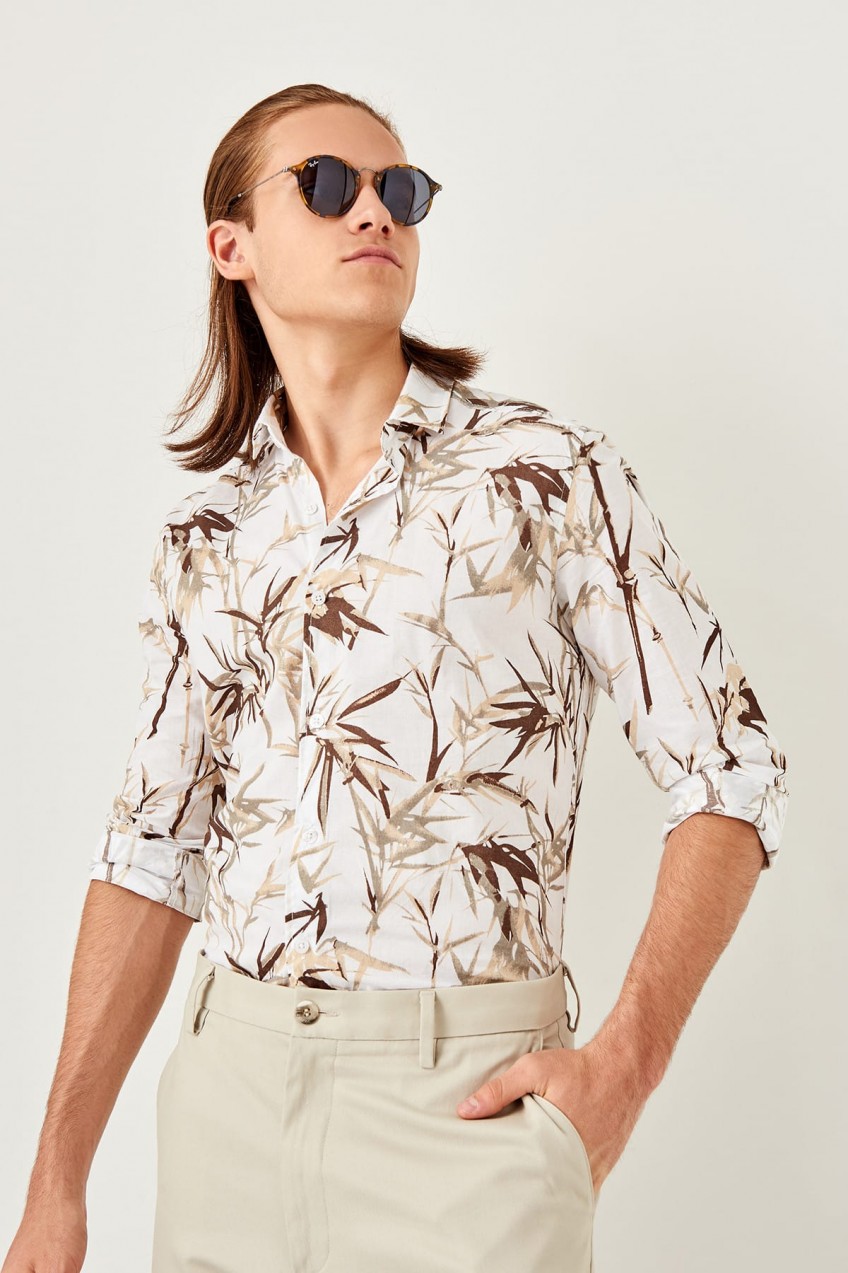 Trendyol Ecru Mens printed Slim Fit outer shirt shirt
