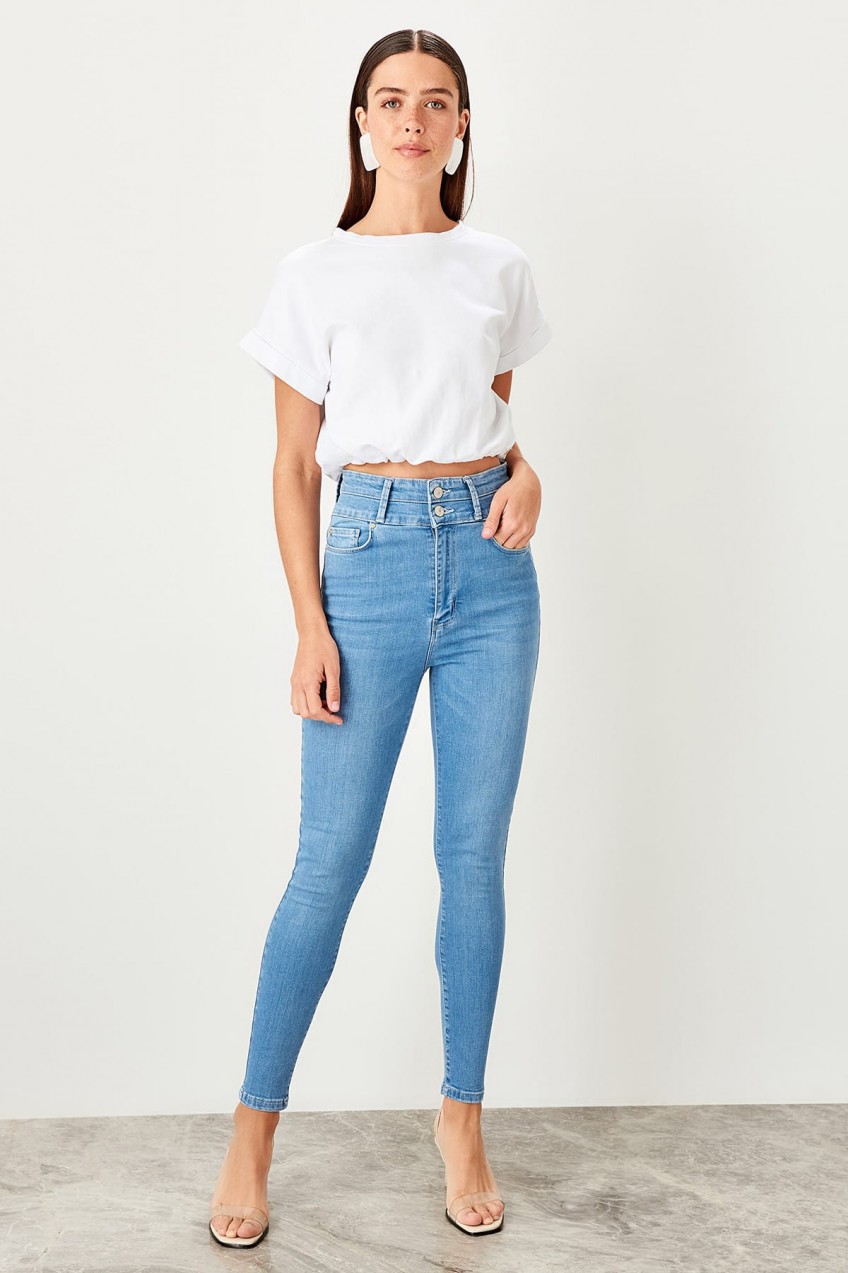 Trendyol Blue button Detailed super high waist Skinny Jeans