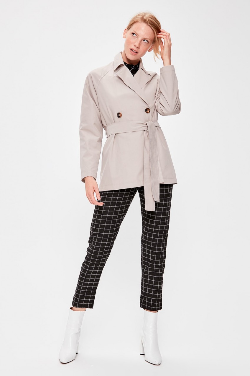 Trendyol Stone Arched Short Trench Coat