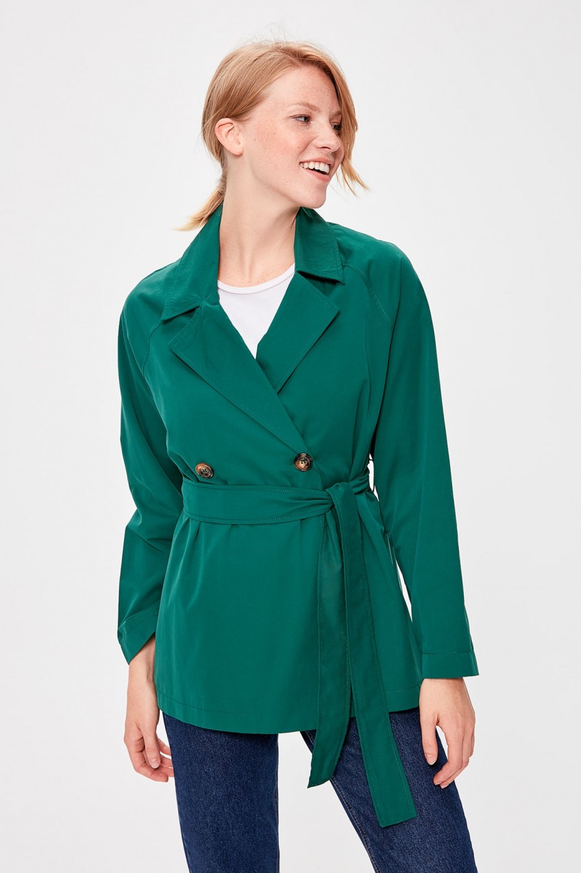 Trendyol Green BeltEd Short Trench Coat