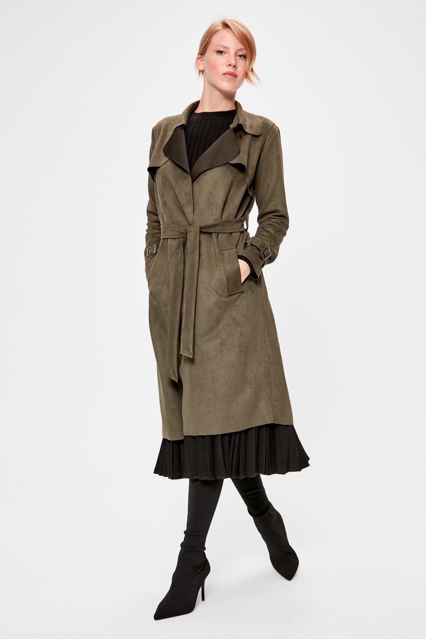 Trendyol Khaki Arched Suede Trench Coat