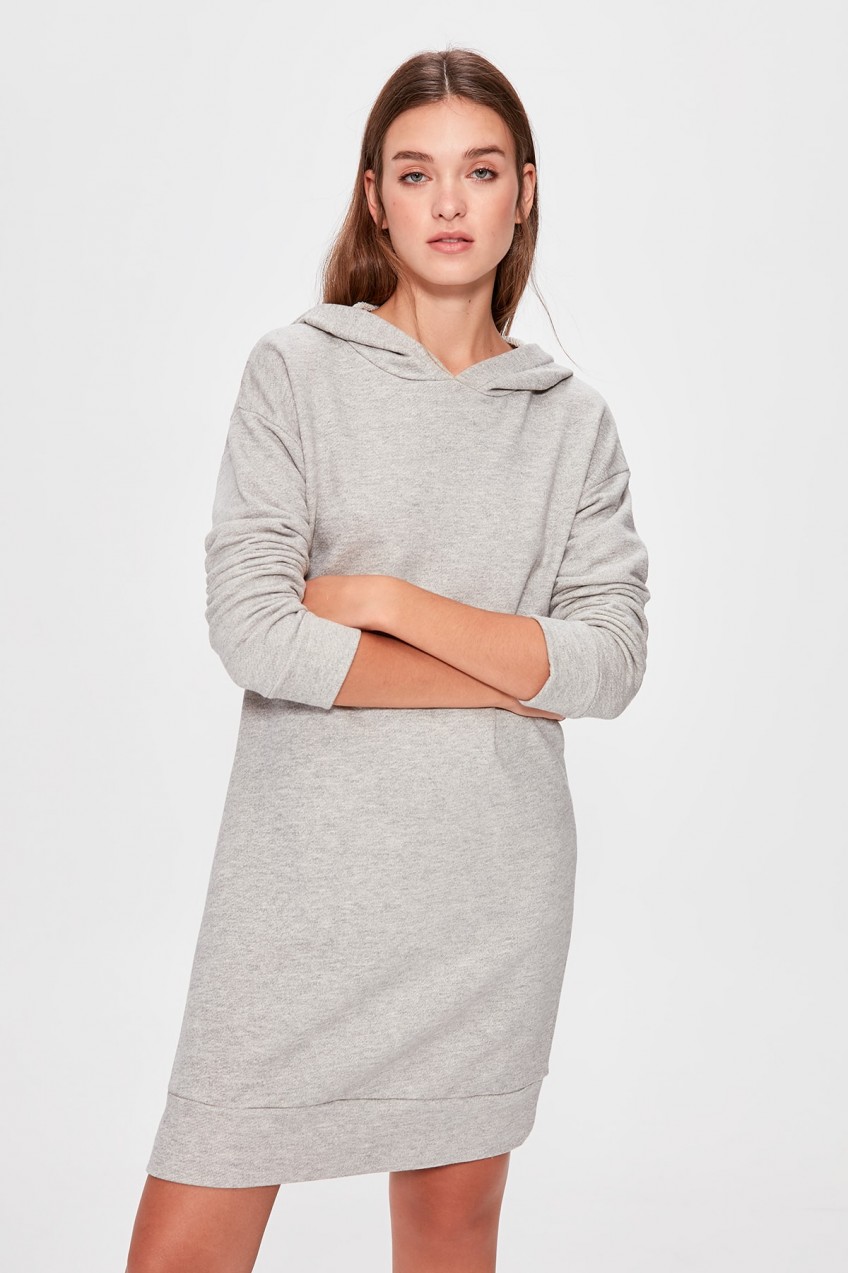 Trendyol Grey Hooded Sweat Knitted Dress