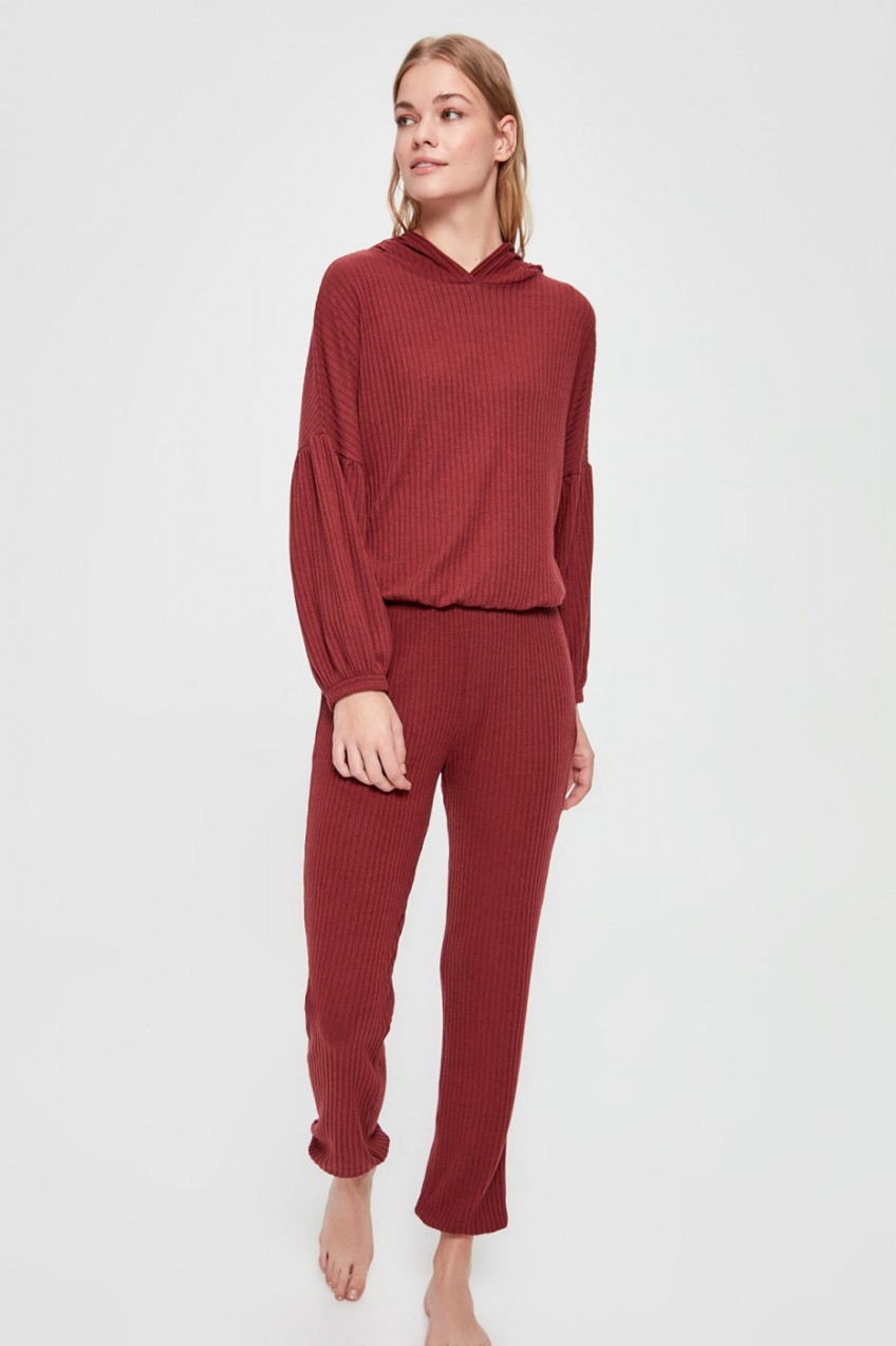 Trendyol Burgundy Fitilli Knitted Pajama Set