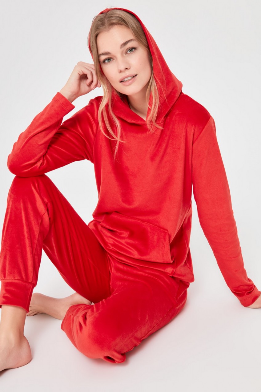 Trendyol Red Hooded Lumpy Pajama Set
