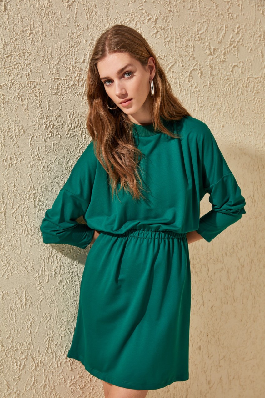 Trendyol Emerald Green Waist Puckered Knitted Dress