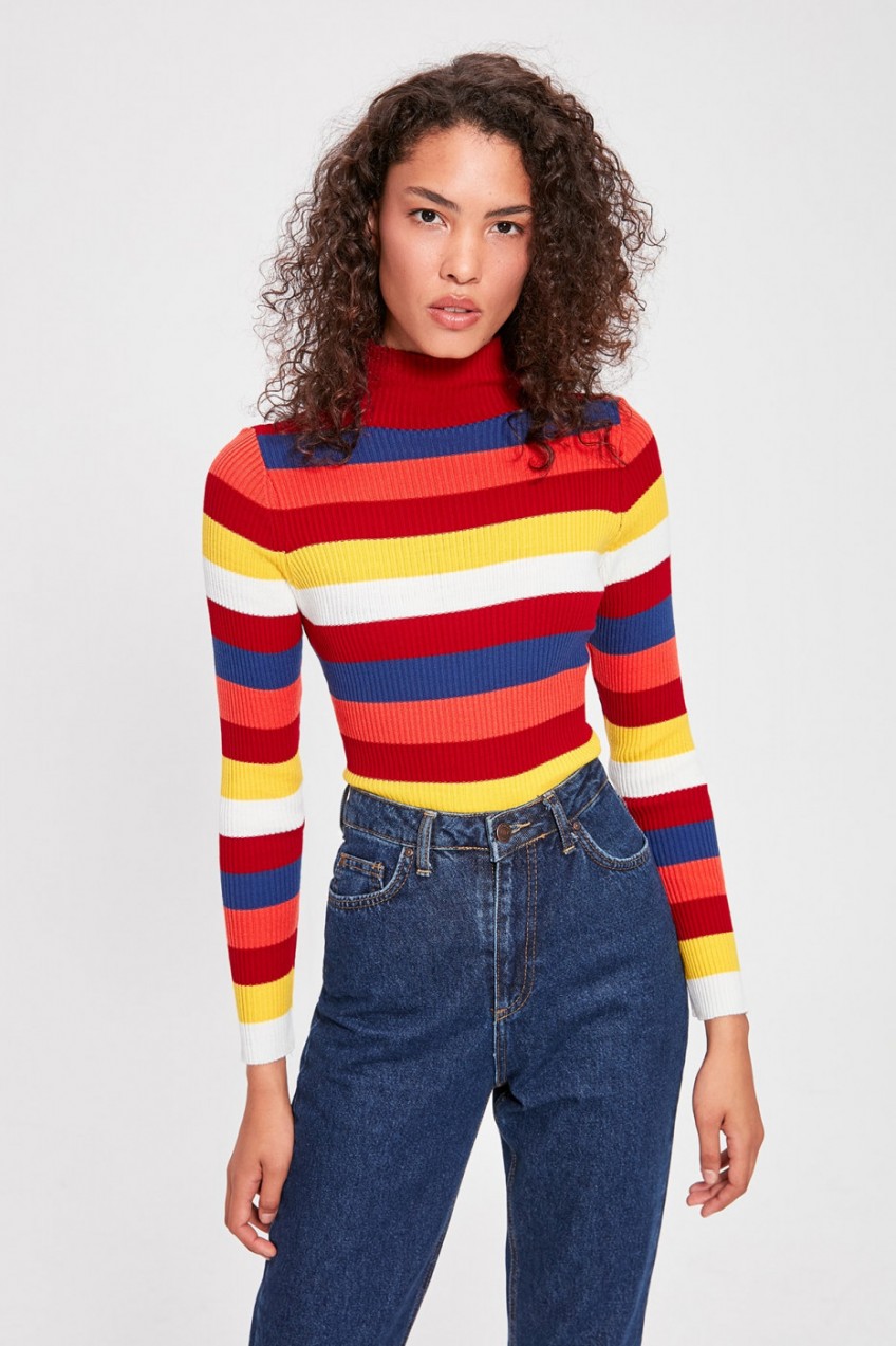 Trendyol Red Striped Fishing Collar Knitwear Sweater