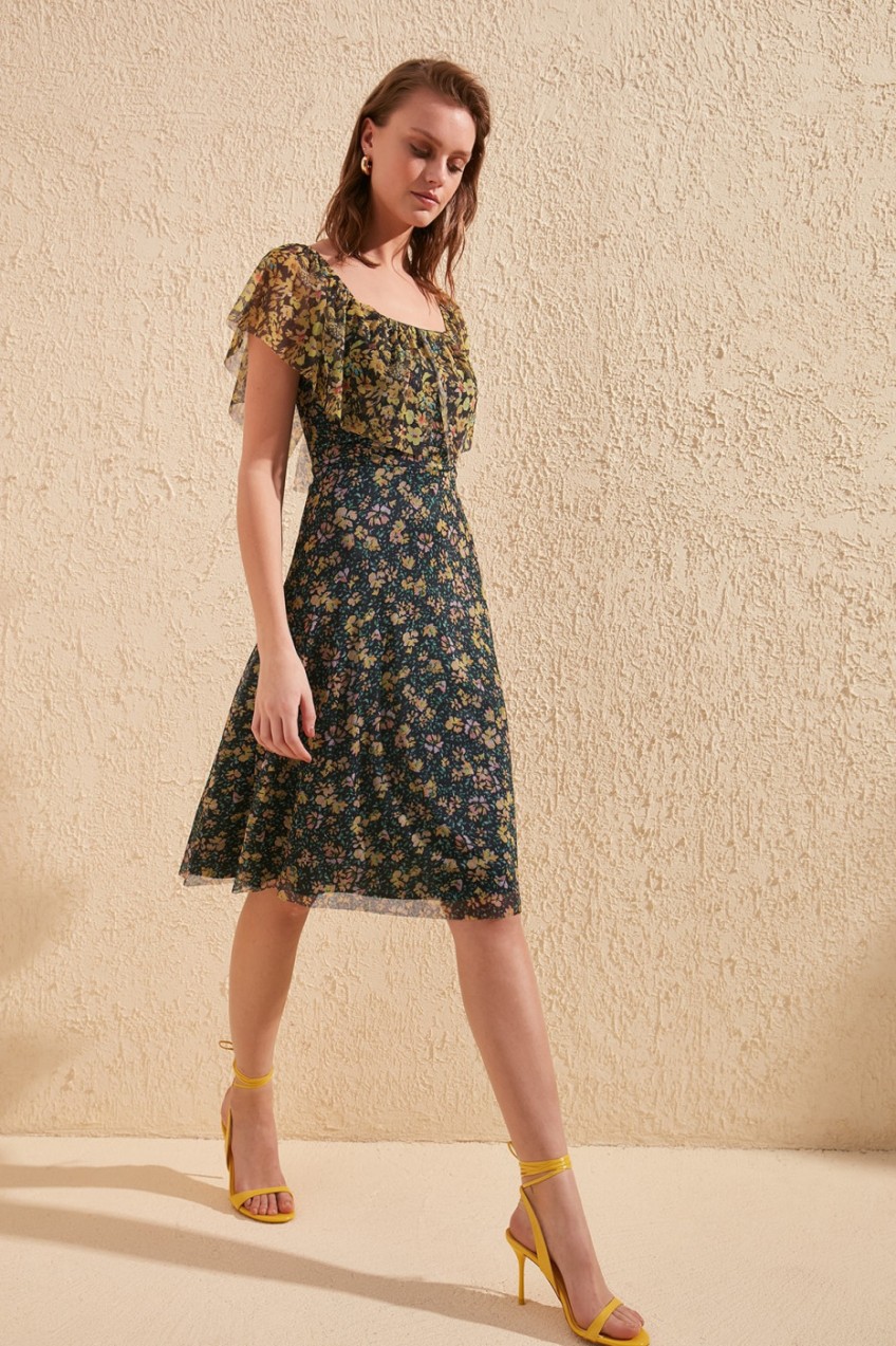 Trendyol MultiColored Floral Patterned Tulle Knitting Dress
