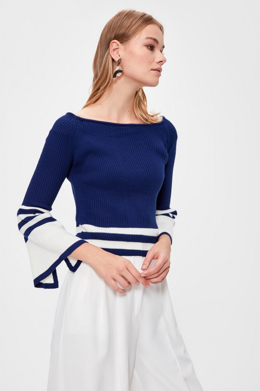 Trendyol Blue Arm Detailed Striped Knitwear Sweater