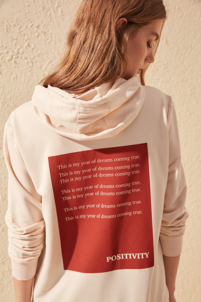 Trendyol Beige Back Printed Boyfriend Knitted Sweatshirt