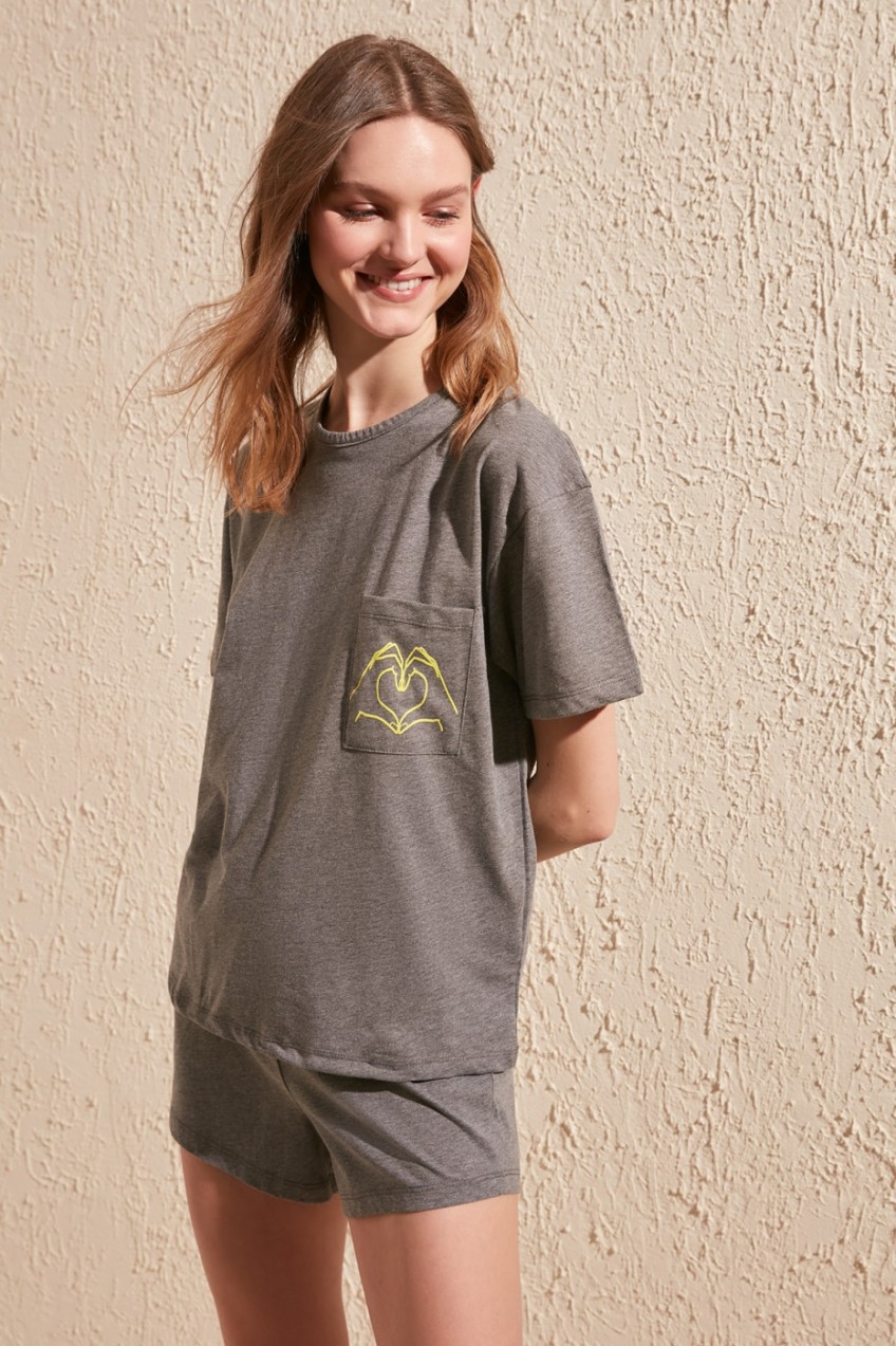 Trendyol Anthracite Print Detailed Knitted Pyjama Set