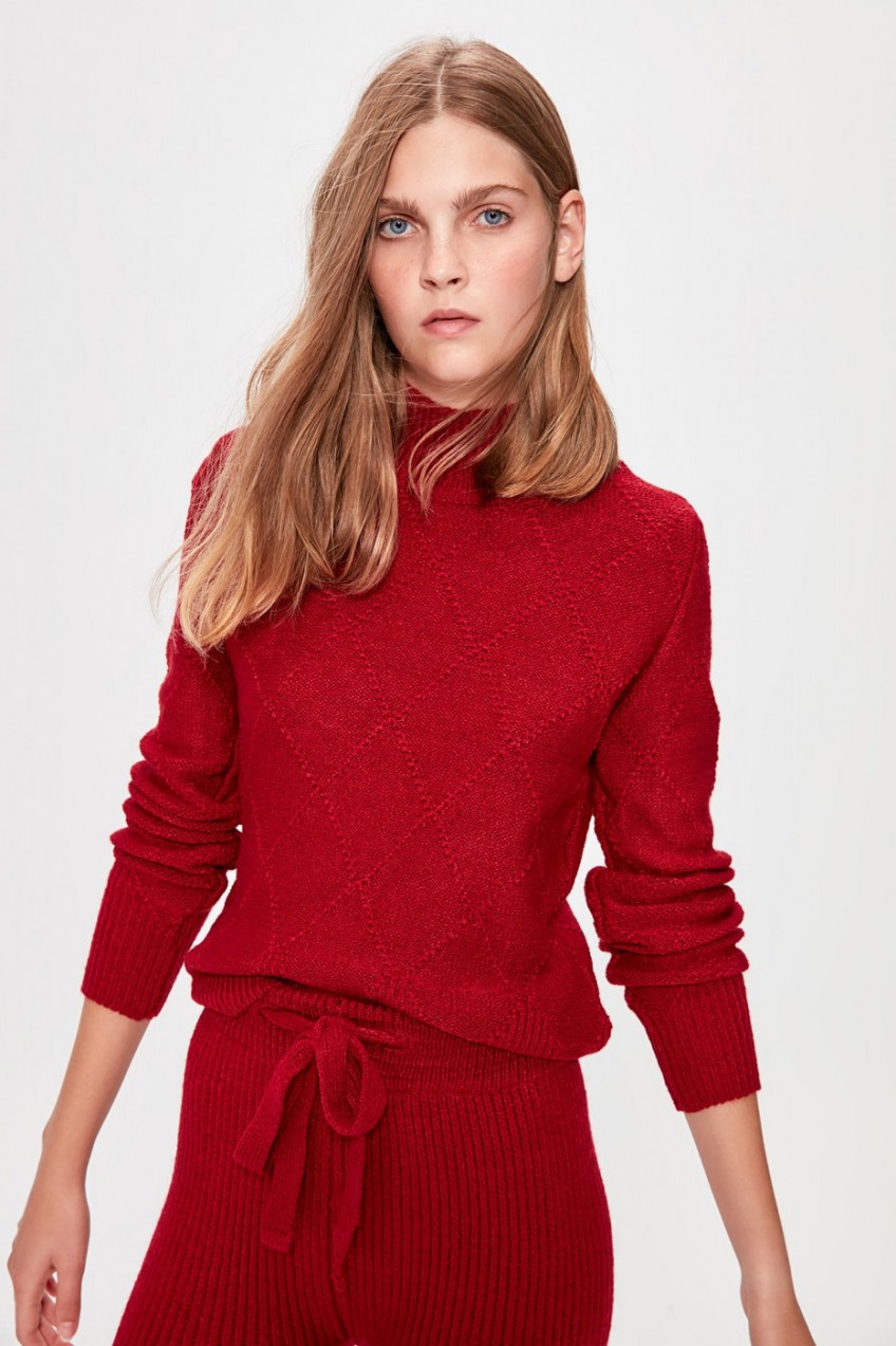 Trendyol Burgundy Knitté Detailed Knitwear Sweater