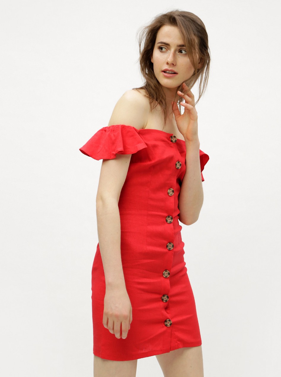 Red linen dress with exposed shoulders Miss Selfridge Button