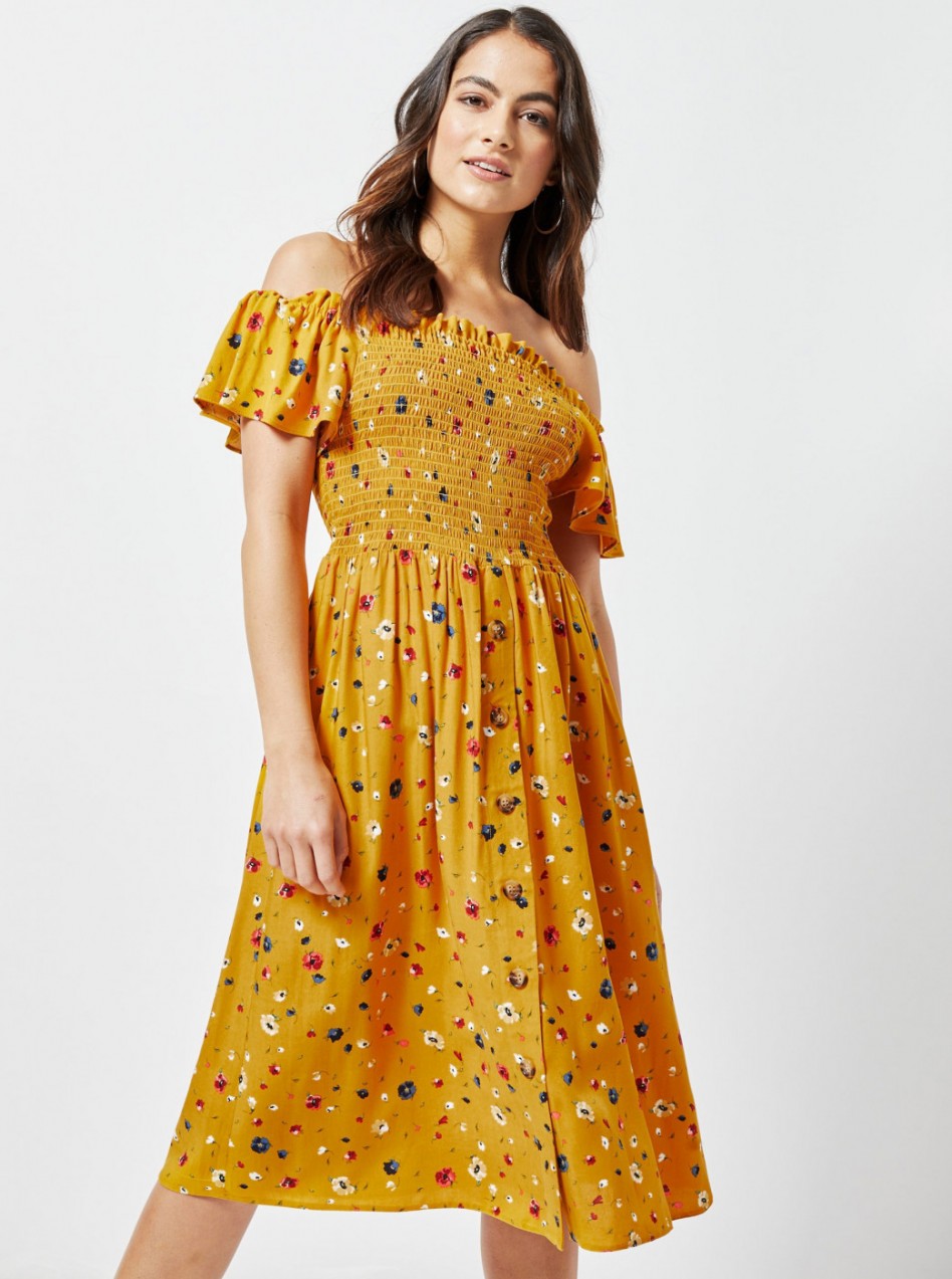 Mustard Floral Dress with Exposed Shoulders Dorothy Perkins Petite