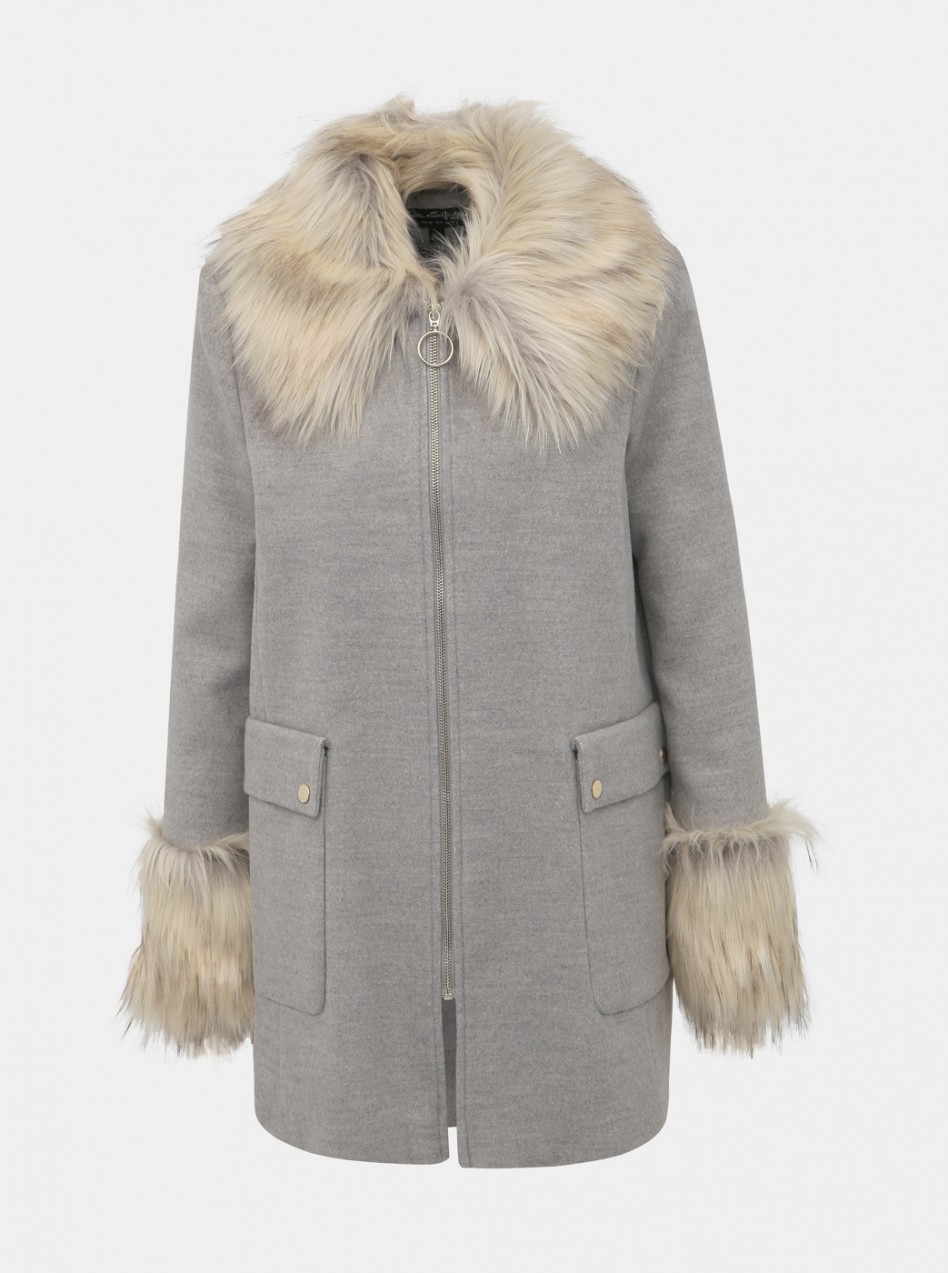 Miss Selfridge's Grey Coat with Faux Fur Details