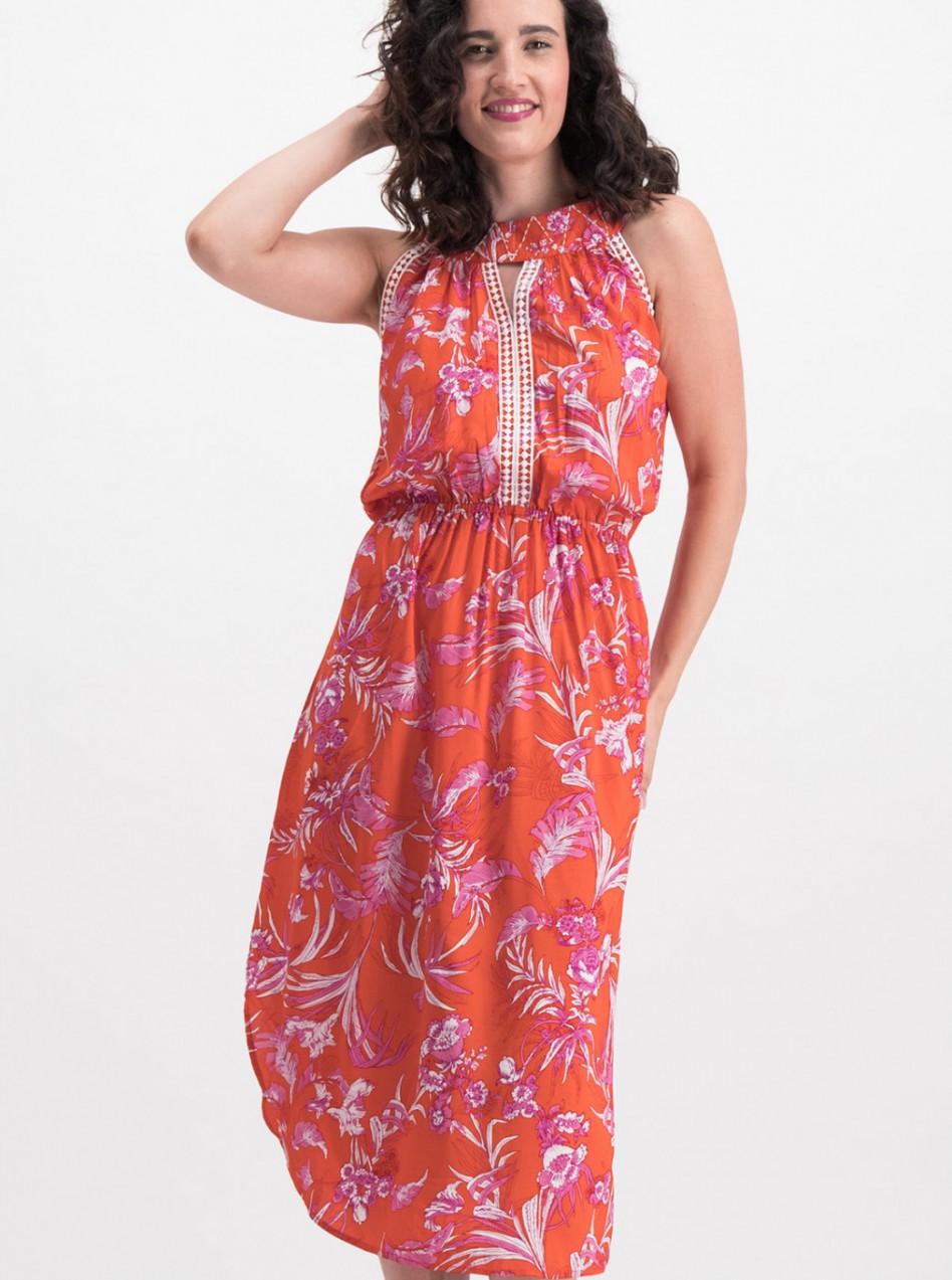 Orange floral mididishes with cut-out in Blutsgeschwister décolletage