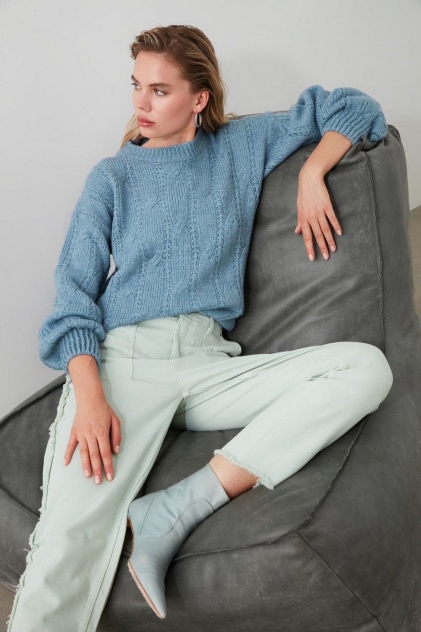 Trendyol Blue Braid Detailed Oversize Knitwear Sweater