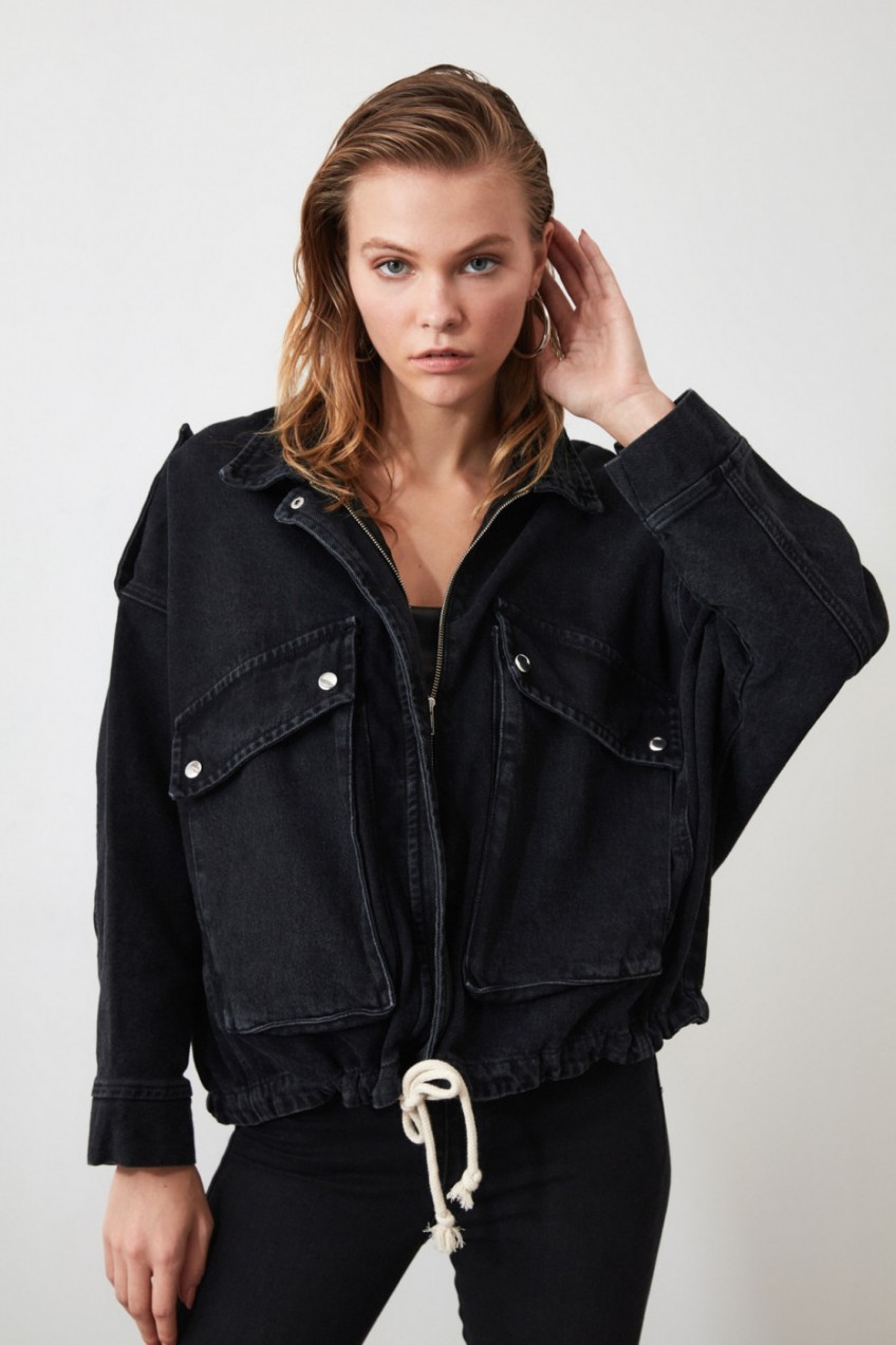 Trendyol Black Corded Pocket Detailed Oversize Denim Jacket