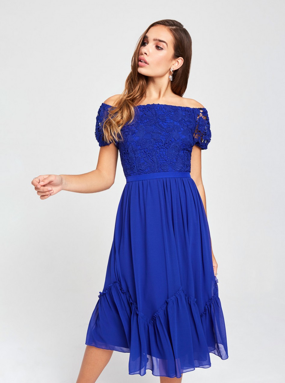 Dark Blue Dress with Exposed Shoulders and Little Mistress Lace